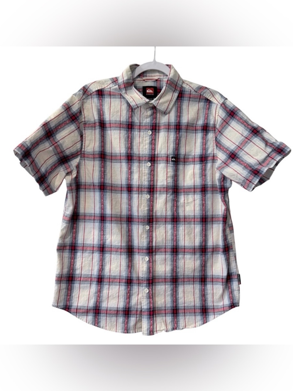 Quicksilver men’s Large short sleeve button up cream, red, & blue plaid   Shirt